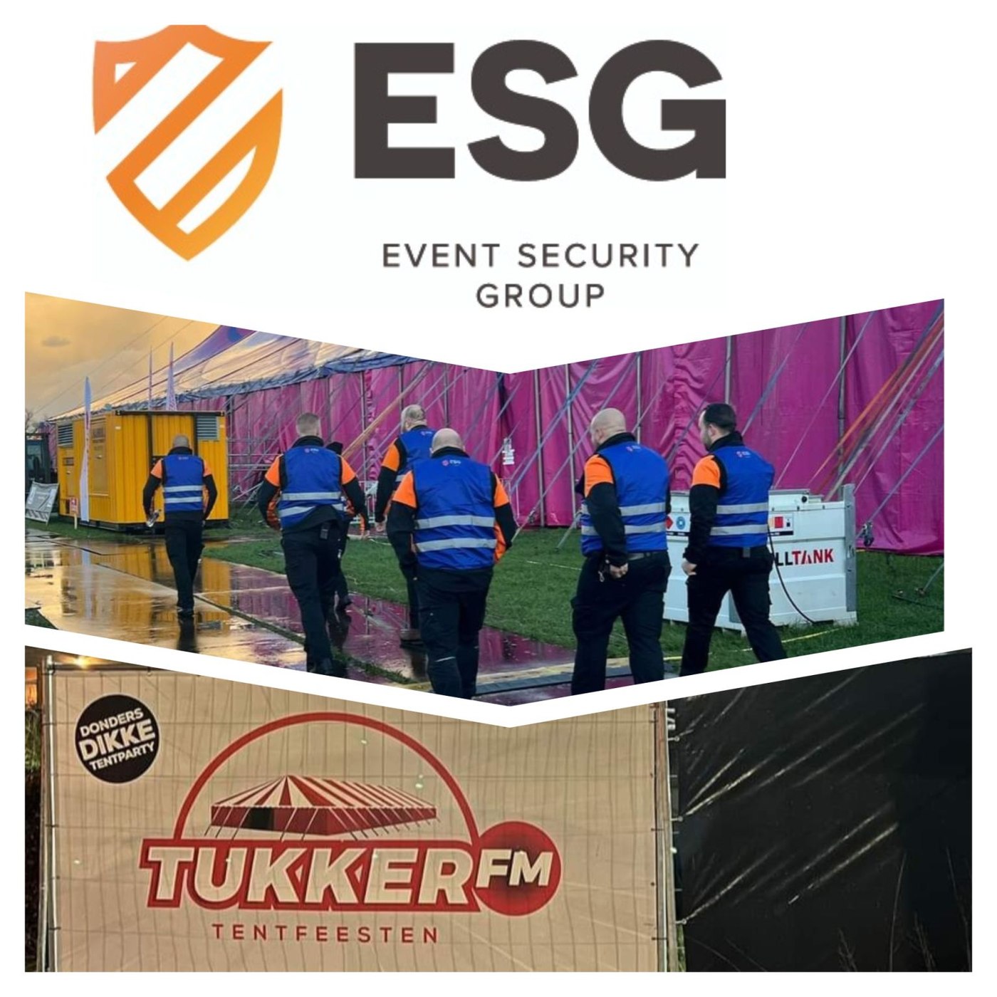 Beeldcollage uit het ESG-projectarchief met ESG-medewerkers bij de Tukker FM-feesttent in Nieuwleusen
